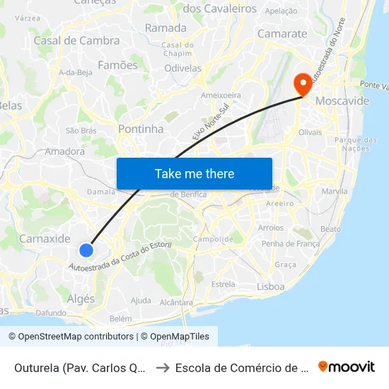 Outurela (Pav. Carlos Queiroz) to Escola de Comércio de Lisboa map