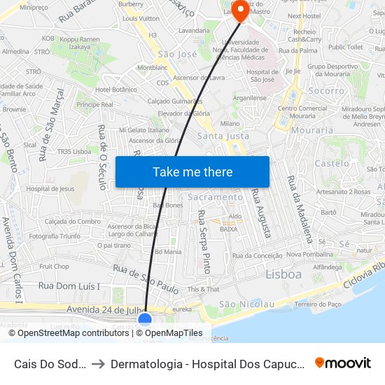 Cais do Sodré to Dermatologia - Hospital Dos Capuchos map
