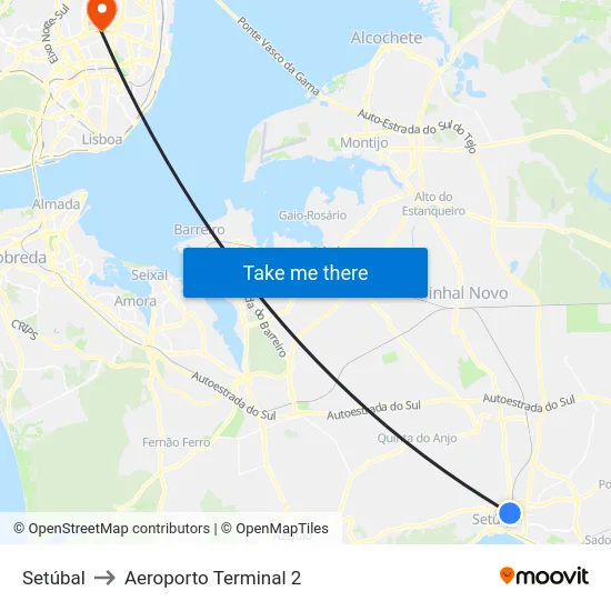 Setúbal to Aeroporto Terminal 2 map
