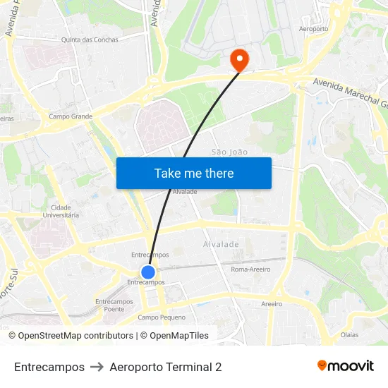 Entrecampos to Aeroporto Terminal 2 map