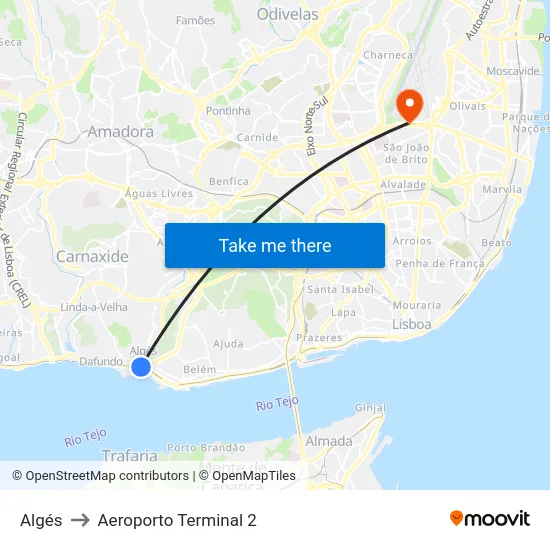 Algés to Aeroporto Terminal 2 map