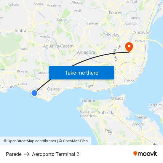 Parede to Aeroporto Terminal 2 map