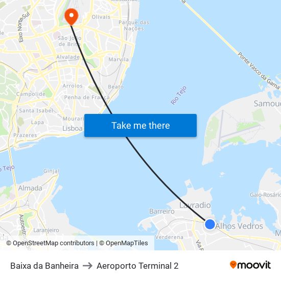 Baixa da Banheira to Aeroporto Terminal 2 map