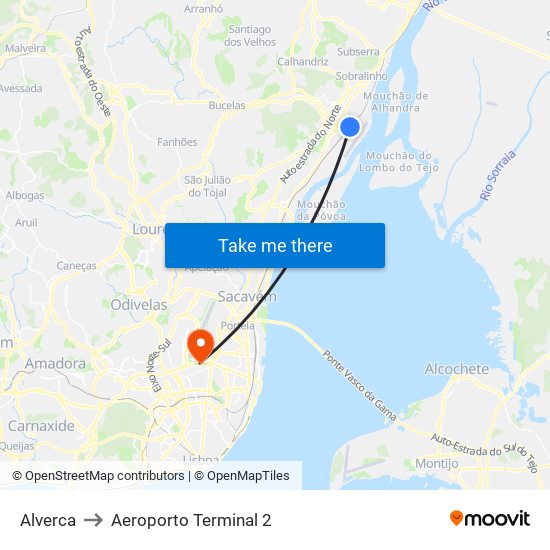 Alverca to Aeroporto Terminal 2 map