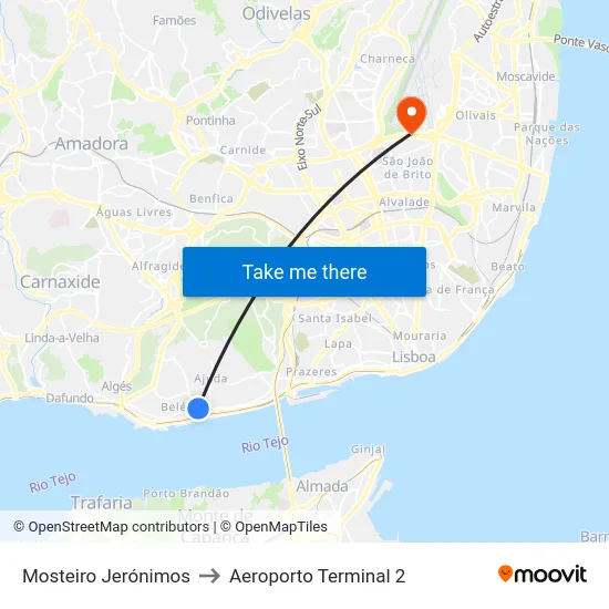 Mosteiro Jerónimos to Aeroporto Terminal 2 map