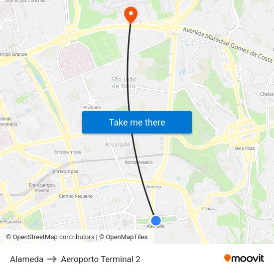 Alameda to Aeroporto Terminal 2 map