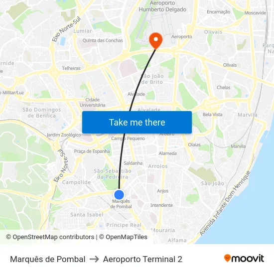 Marquês de Pombal to Aeroporto Terminal 2 map