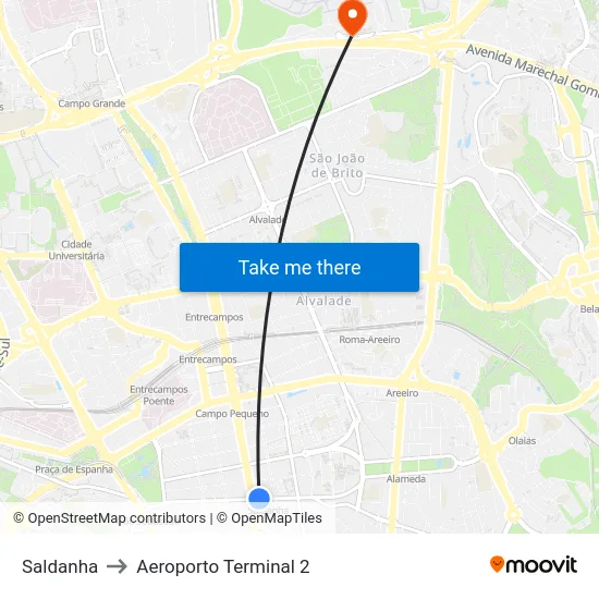 Saldanha to Aeroporto Terminal 2 map