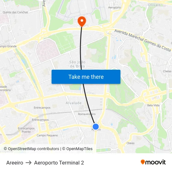Areeiro to Aeroporto Terminal 2 map