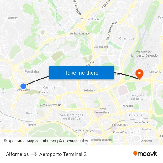 Alfornelos to Aeroporto Terminal 2 map