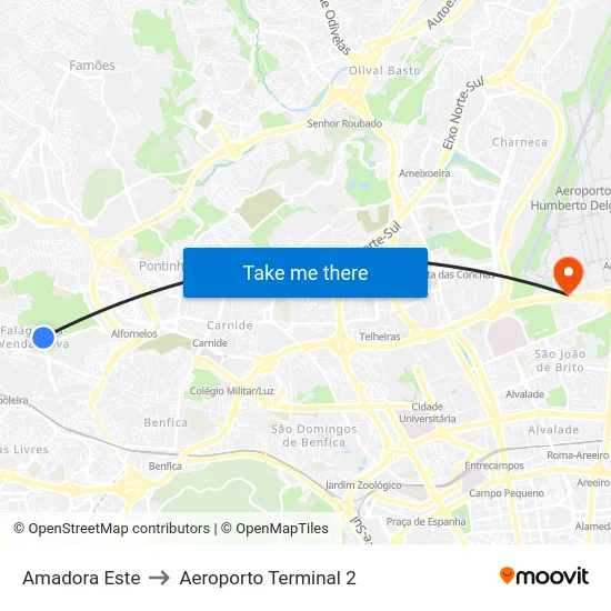 Amadora Este to Aeroporto Terminal 2 map