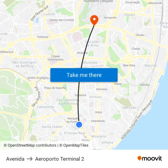 Avenida to Aeroporto Terminal 2 map