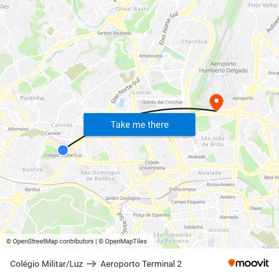 Colégio Militar/Luz to Aeroporto Terminal 2 map