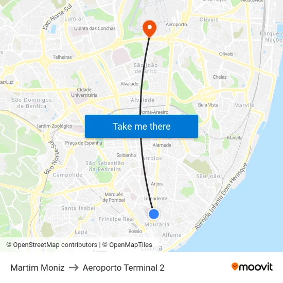 Martim Moniz to Aeroporto Terminal 2 map