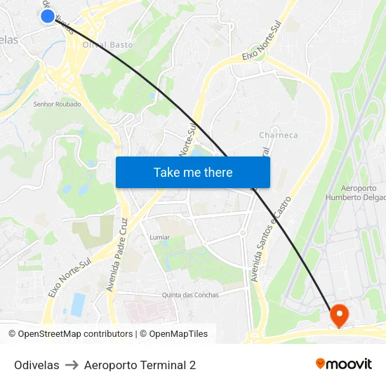 Odivelas to Aeroporto Terminal 2 map