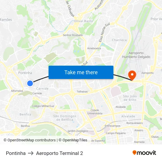 Pontinha to Aeroporto Terminal 2 map