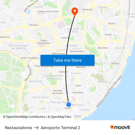 Restauradores to Aeroporto Terminal 2 map