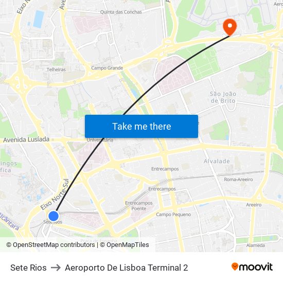 Sete Rios to Aeroporto De Lisboa Terminal 2 map