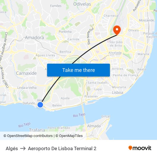 Algés to Aeroporto De Lisboa Terminal 2 map