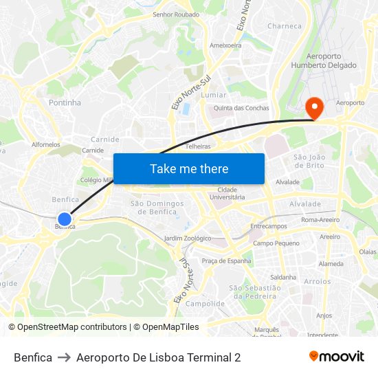 Benfica to Aeroporto De Lisboa Terminal 2 map