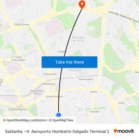 Saldanha to Aeroporto Humberto Delgado Terminal 2 map