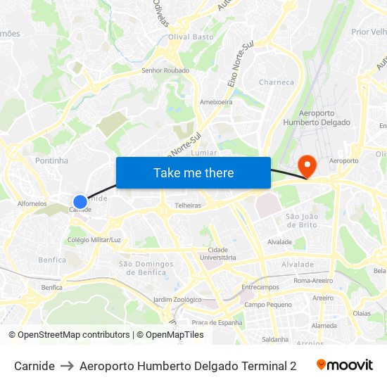 Carnide to Aeroporto Humberto Delgado Terminal 2 map