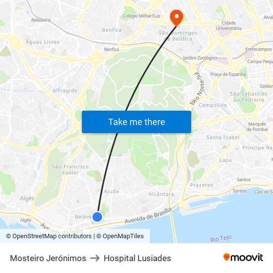Mosteiro Jerónimos to Hospital Lusiades map