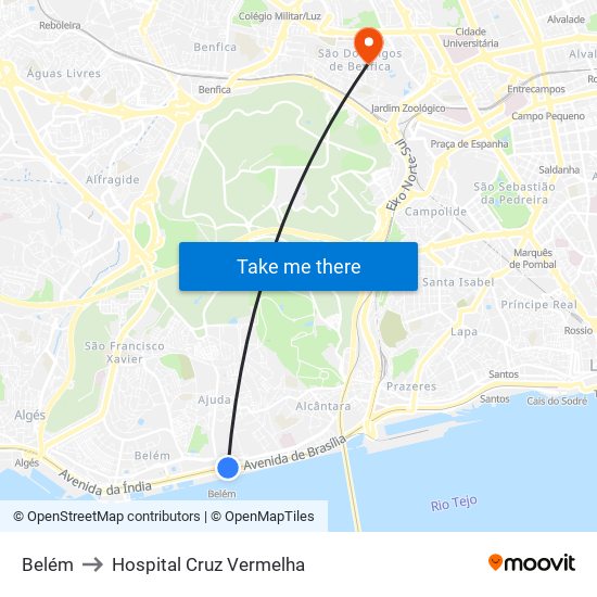 Belém to Hospital Cruz Vermelha map