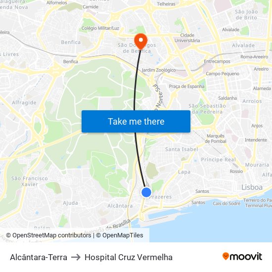 Alcântara-Terra to Hospital Cruz Vermelha map
