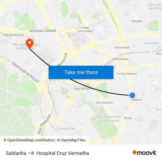 Saldanha to Hospital Cruz Vermelha map