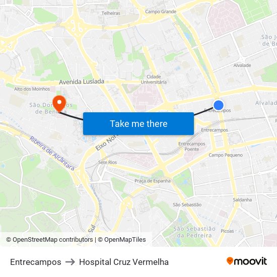 Entrecampos to Hospital Cruz Vermelha map