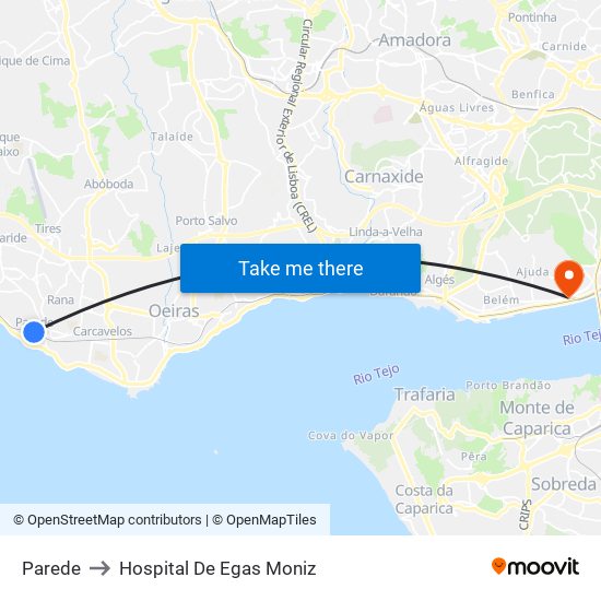 Parede to Hospital De Egas Moniz map