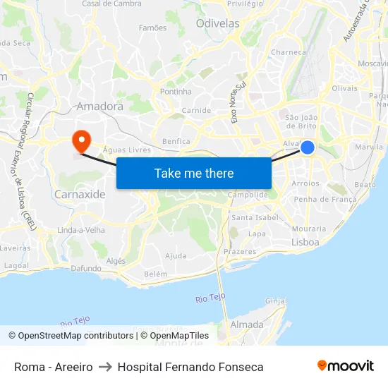 Roma - Areeiro to Hospital Fernando Fonseca map