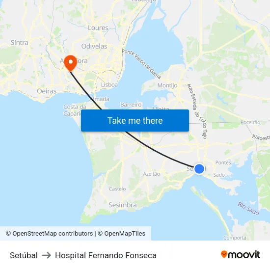Setúbal to Hospital Fernando Fonseca map