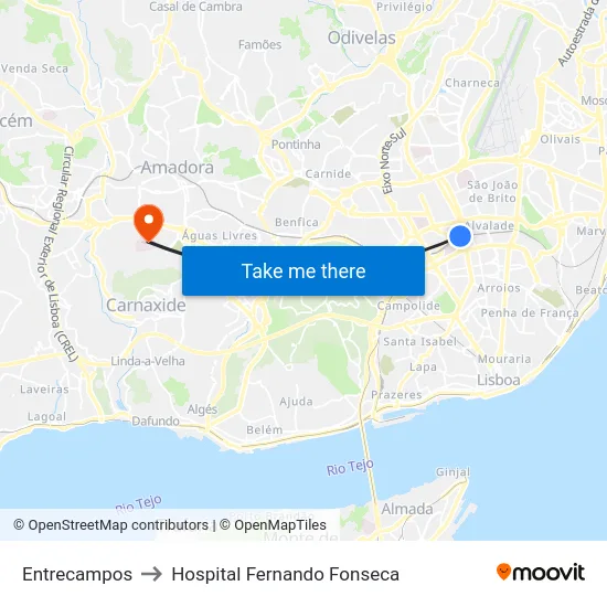 Entrecampos to Hospital Fernando Fonseca map