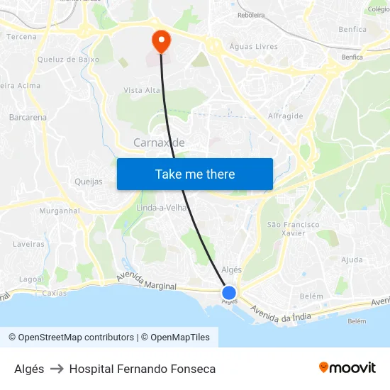 Algés to Hospital Fernando Fonseca map