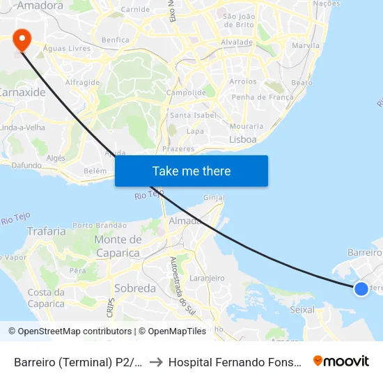 Barreiro (Terminal) P2/P5 to Hospital Fernando Fonseca map