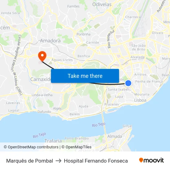 Marquês de Pombal to Hospital Fernando Fonseca map