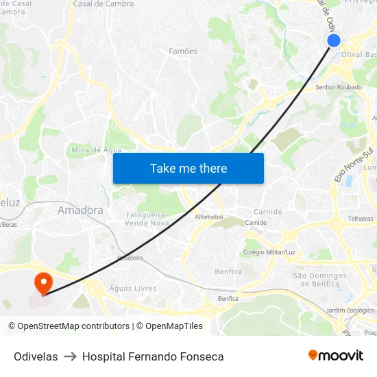 Odivelas to Hospital Fernando Fonseca map