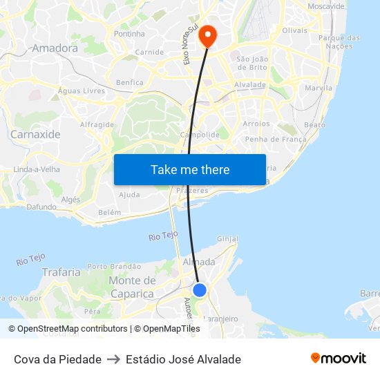 Cova da Piedade to Estádio José Alvalade map