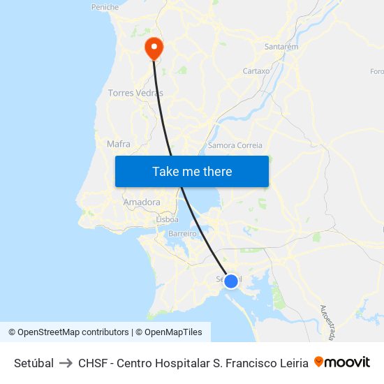 Setúbal to CHSF - Centro Hospitalar S. Francisco Leiria map
