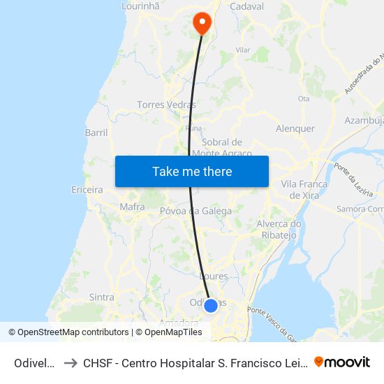 Odivelas to CHSF - Centro Hospitalar S. Francisco Leiria map