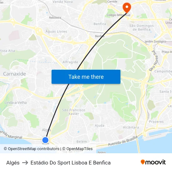 Algés to Estádio Do Sport Lisboa E Benfica map