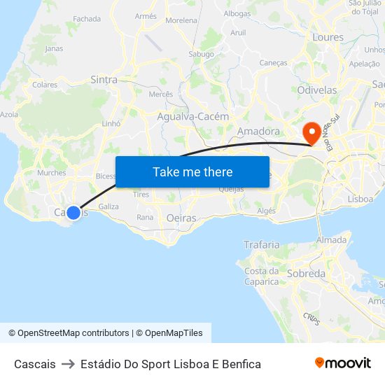 Cascais to Estádio Do Sport Lisboa E Benfica map