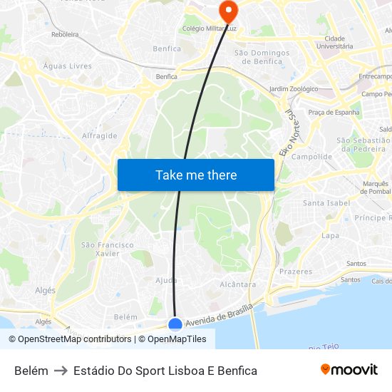 Belém to Estádio Do Sport Lisboa E Benfica map