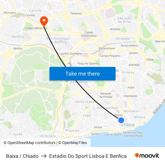 Baixa / Chiado to Estádio Do Sport Lisboa E Benfica map