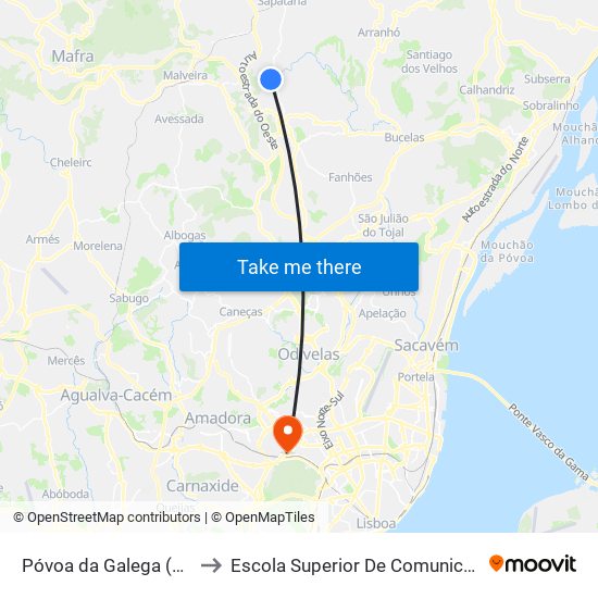 Póvoa da Galega (Chafariz) to Escola Superior De Comunicação Social map