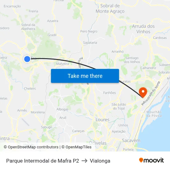 Parque Intermodal de Mafra P2 to Vialonga map