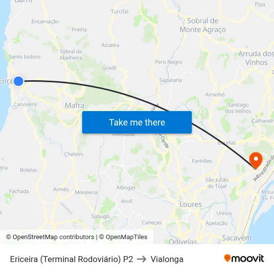 Ericeira (Terminal Rodoviário) P2 to Vialonga map