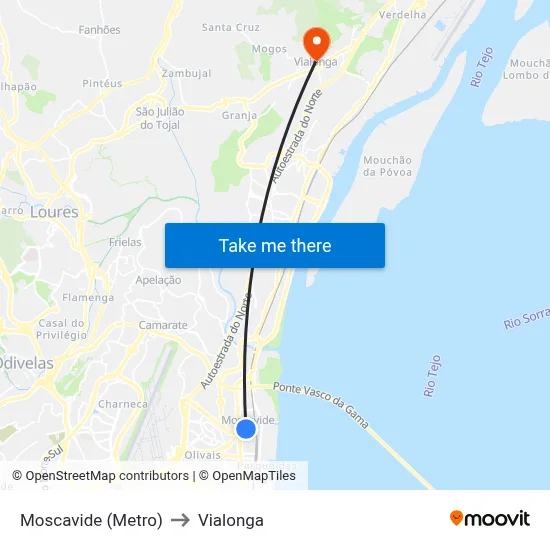Moscavide (Metro) to Vialonga map